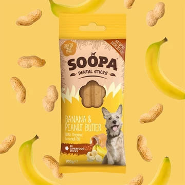 Soopa Dental Sticks hipoallergén fogtiszító rudak, Banán-mogyoróvaj