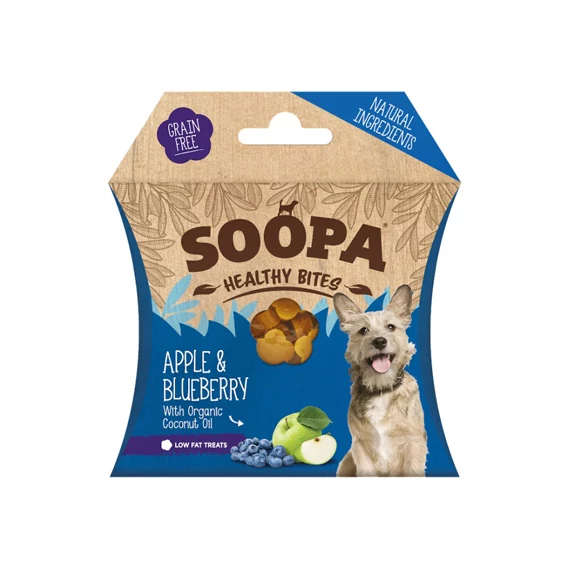 Soopa Healthy Bites hipoallergén, gabonamentes trénig jutifalatok, alma-kékáfonya