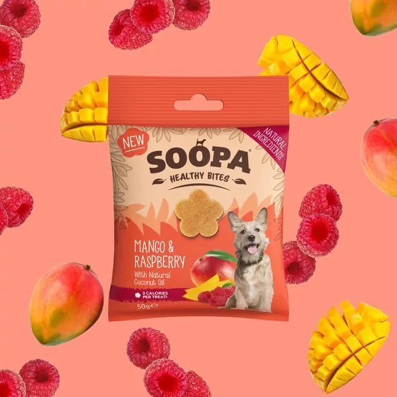 Soopa Healthy Bites hipoallergén, gabonamentes trénig jutifalatok, mangó és málna