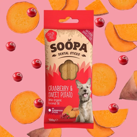 Soopa Dental Sticks hipoallergén fogtiszító rudak, vörös áfonya, édesburgonya